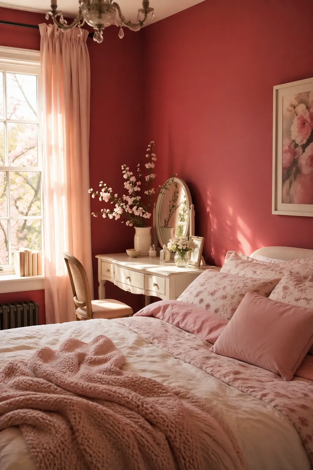 cherry red walls pink undertone bedroom floral bedding soft curtains natural light romantic cozy feminine interior