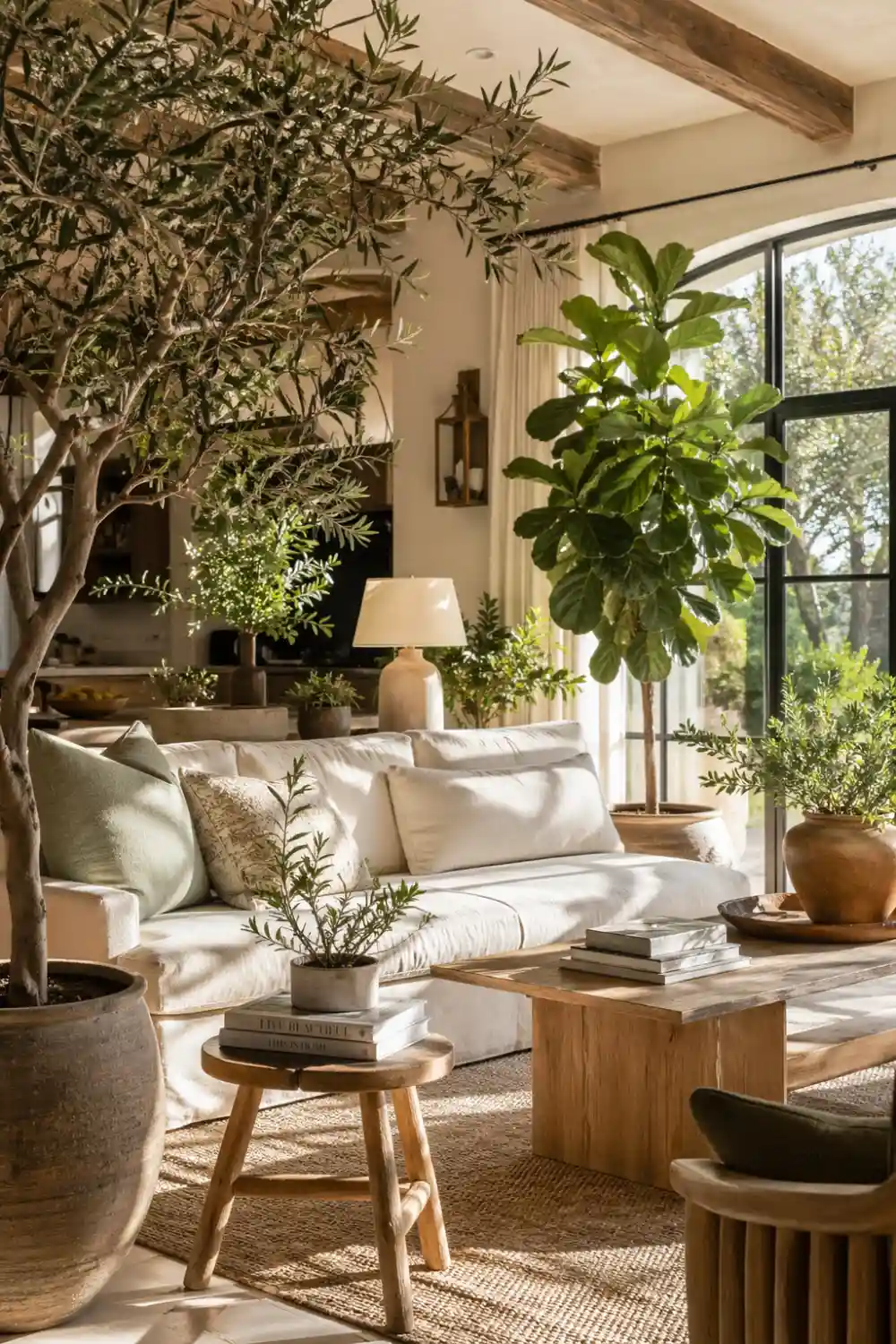 French country living room filled with indoor plants, olive tree, natural light, neutral sofa and wooden furniture