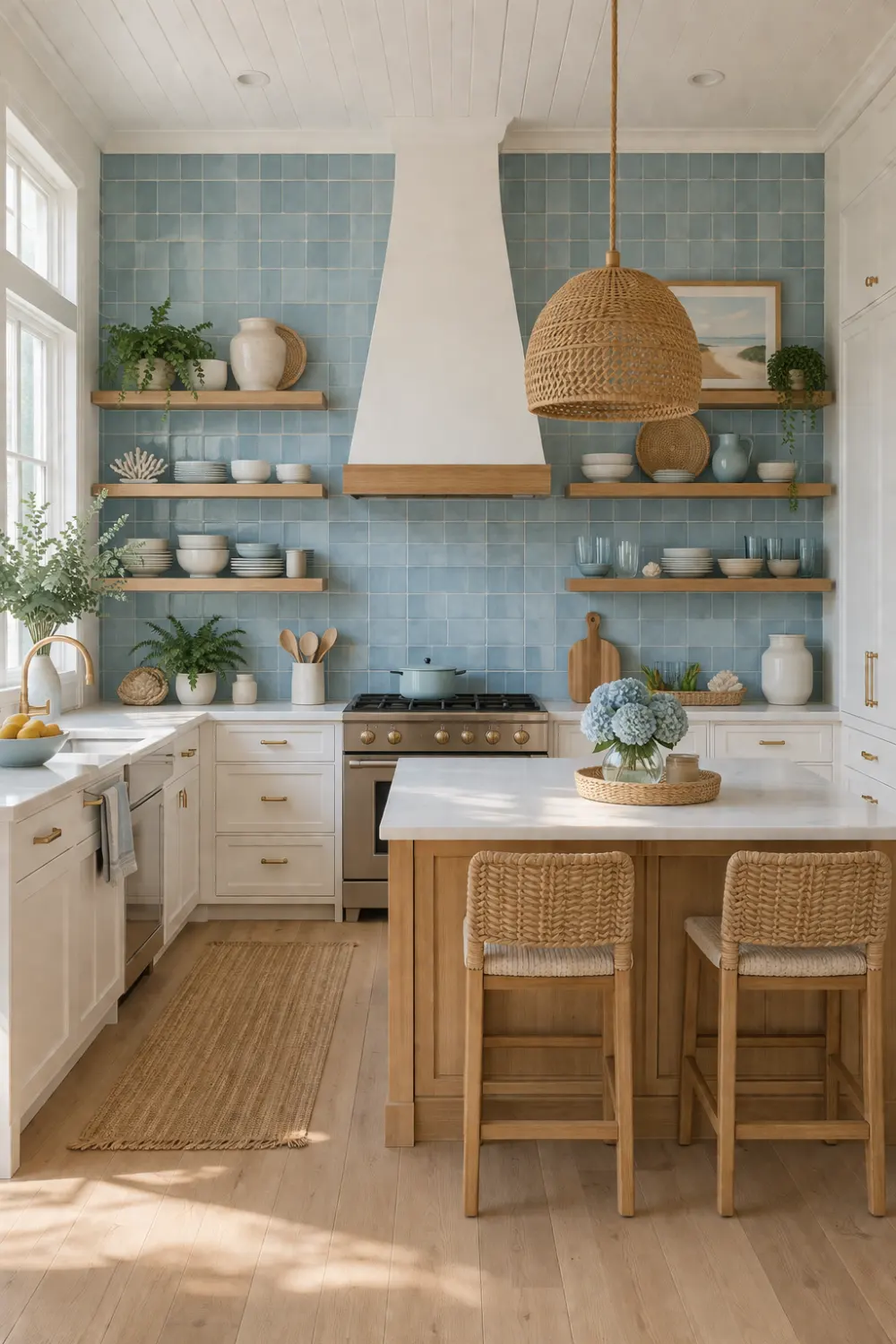 coastal kitchen with soft blue zellige tiles wooden shelves and natural decor