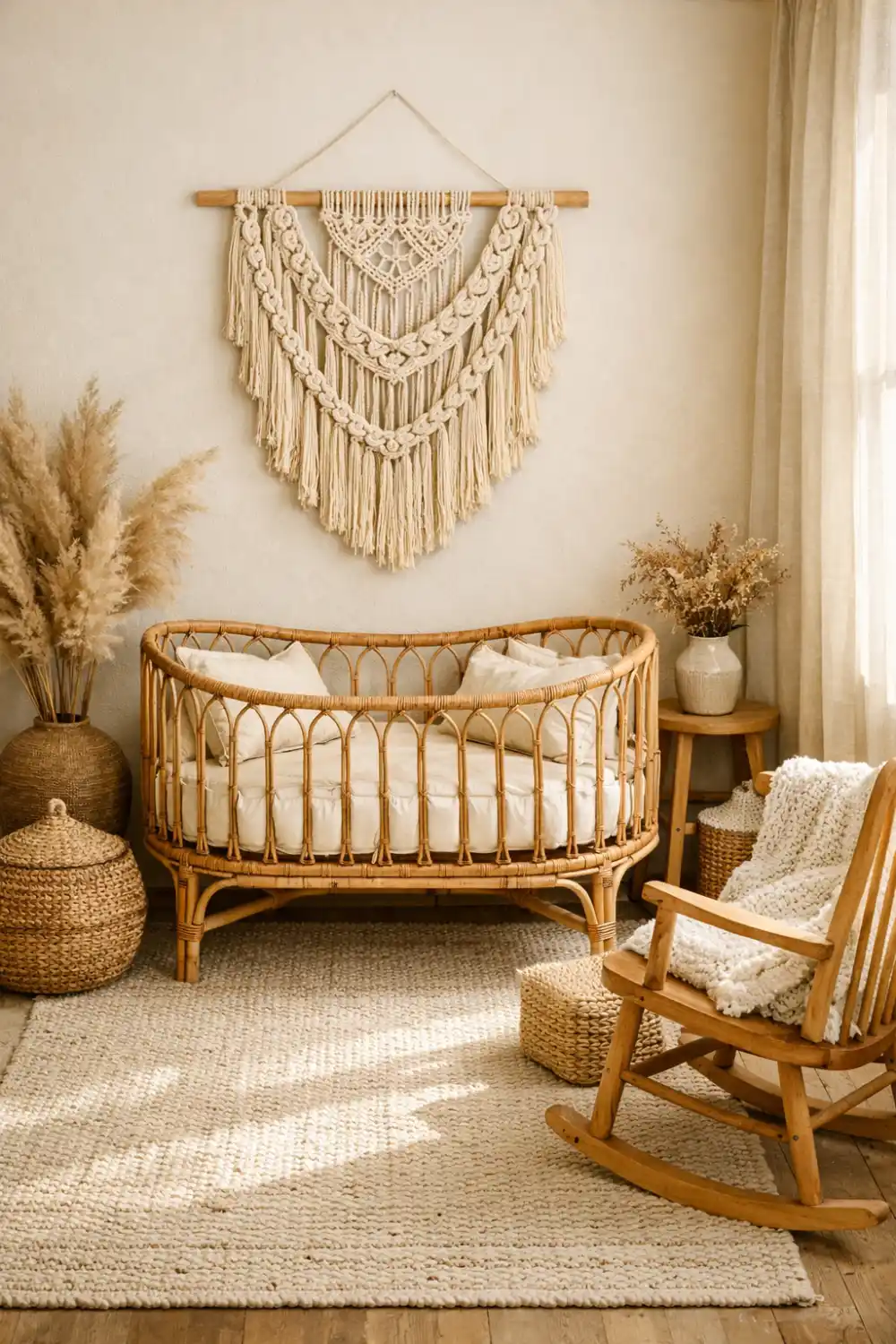 Boho nursery decor with rattan crib, macrame wall hanging, woven baskets, pampas grass decor, and cozy earthy baby room styling.