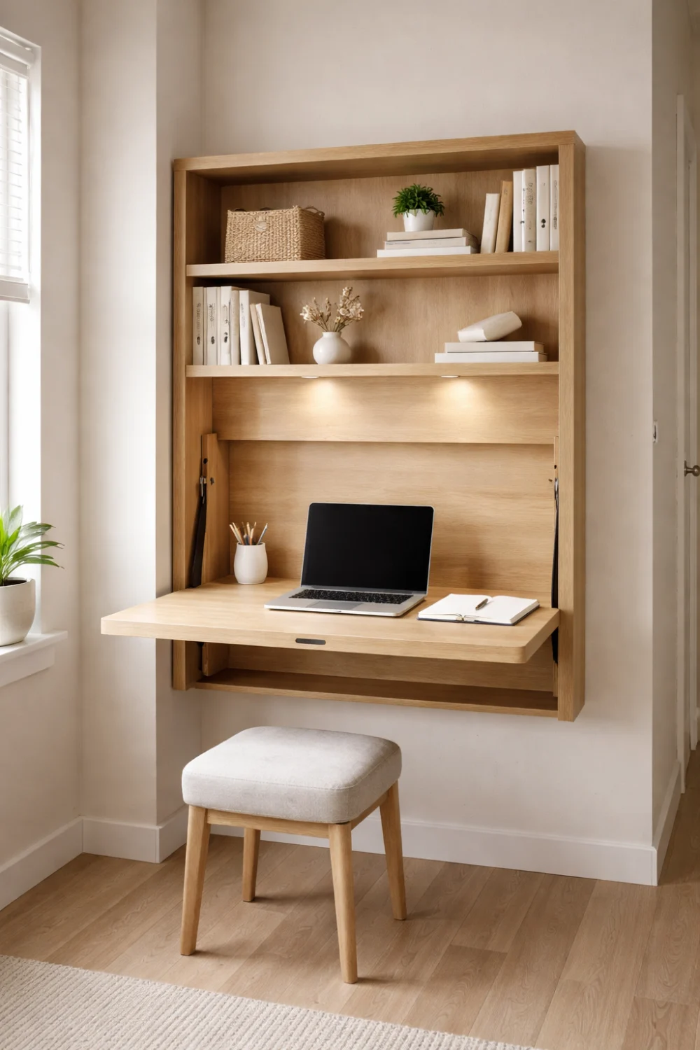 fold down wall desk office nook with shelves compact space saving home office setup small apartment workspace idea
