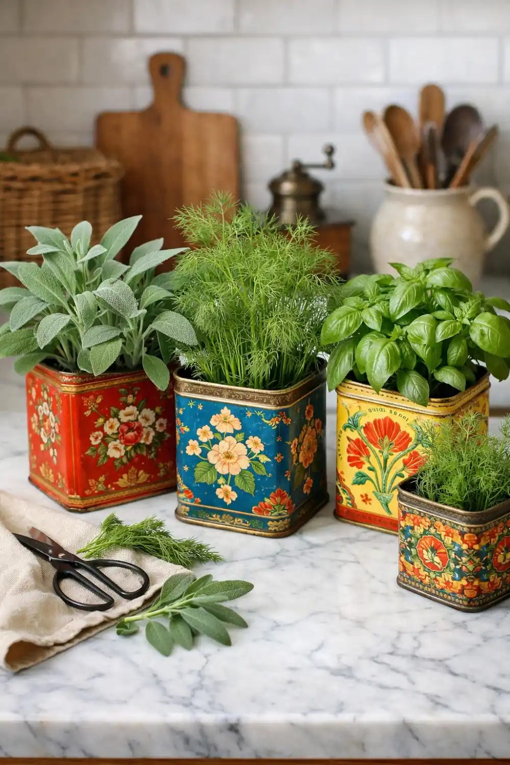 Vintage decorative tin containers used as herb planters with basil dill and sage on marble kitchen counter, charming DIY herb garden decor idea