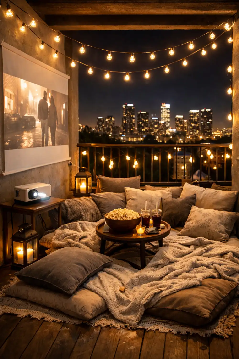 balcony movie night setup outdoor projector cozy floor cushions lights apartment balcony cinema decor inspiration