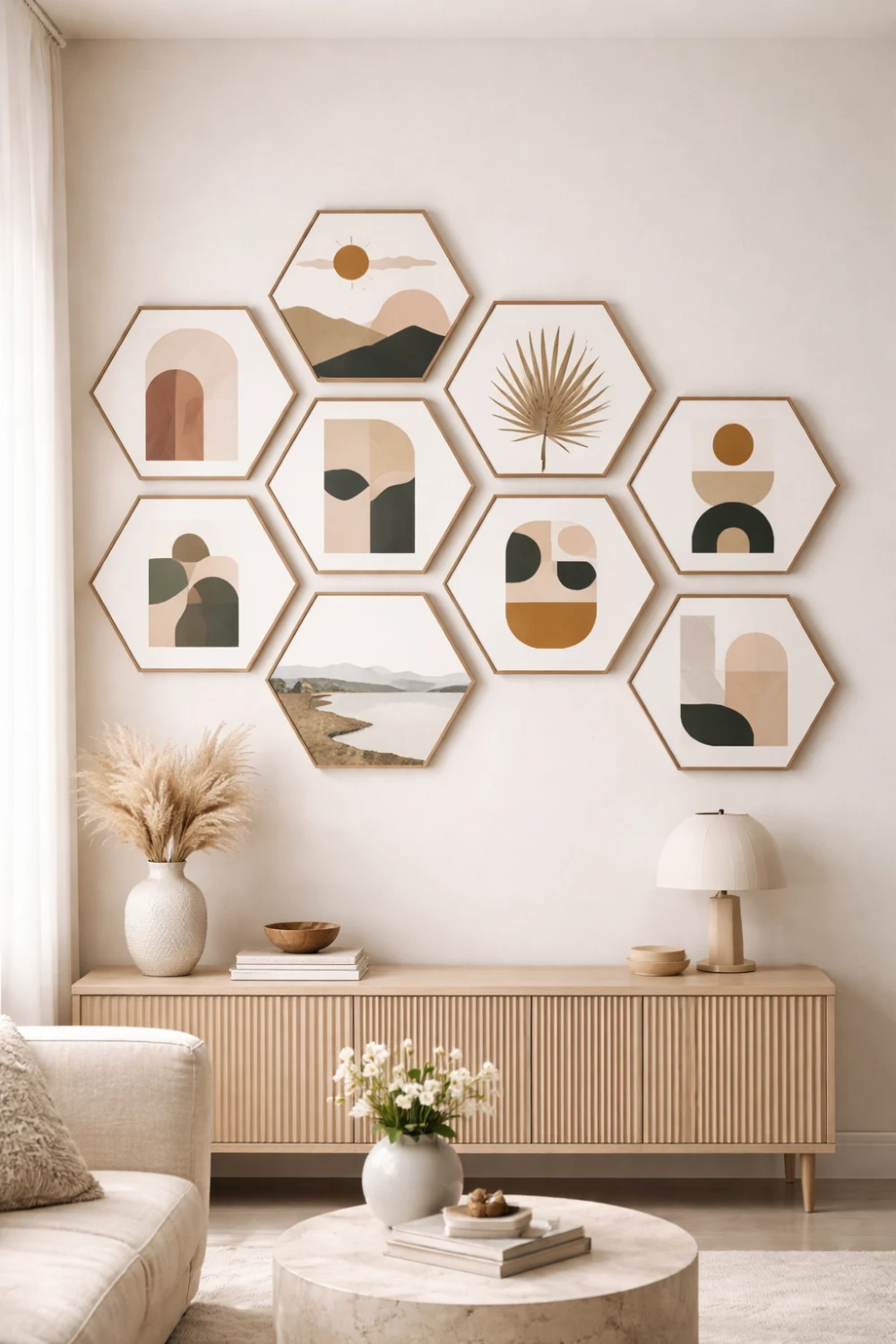 Hexagon honeycomb gallery wall with geometric hexagon frames arranged in a modern wall decor layout above a console