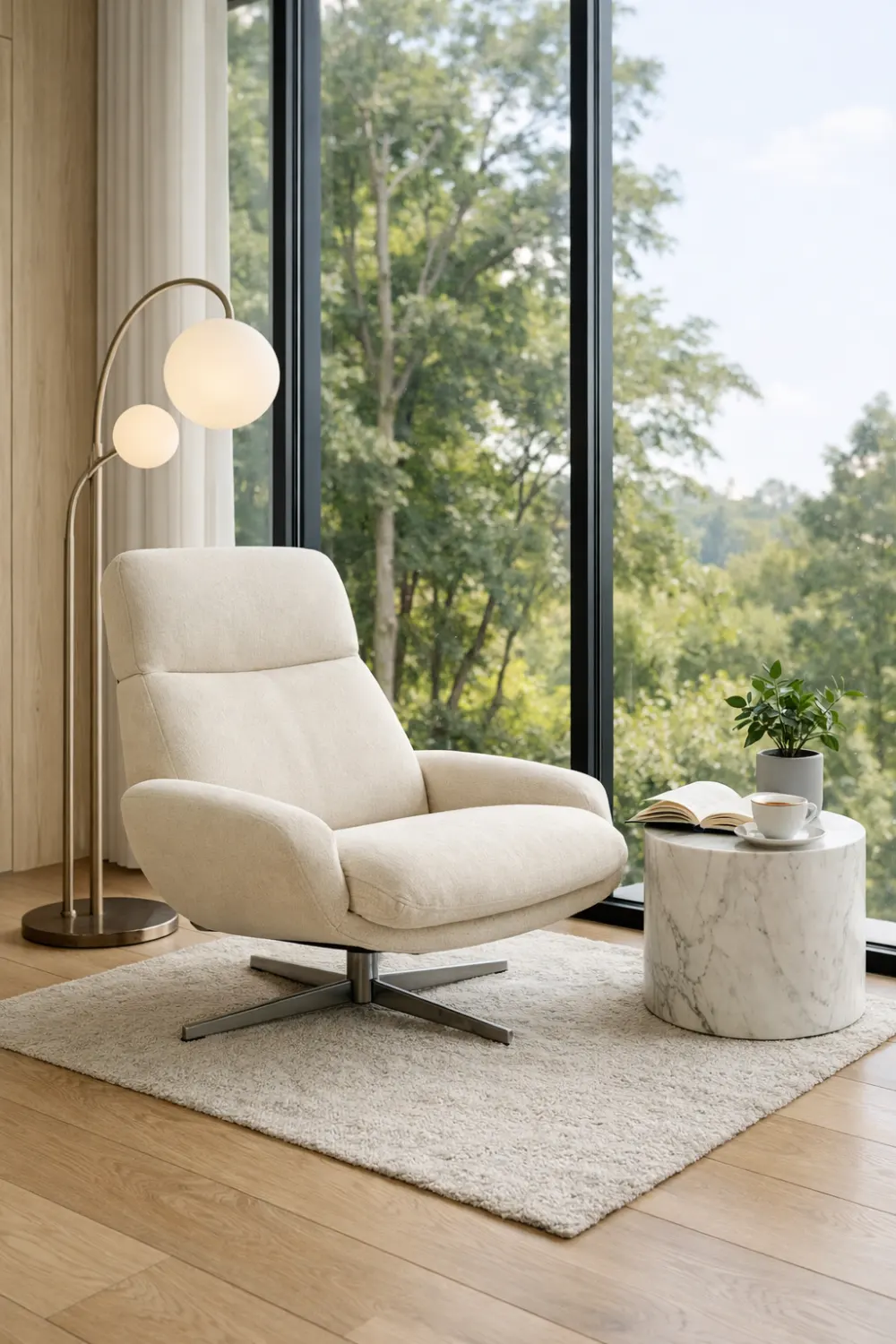 modern lounge chair reading nook with large window marble side table cozy modern reading corner