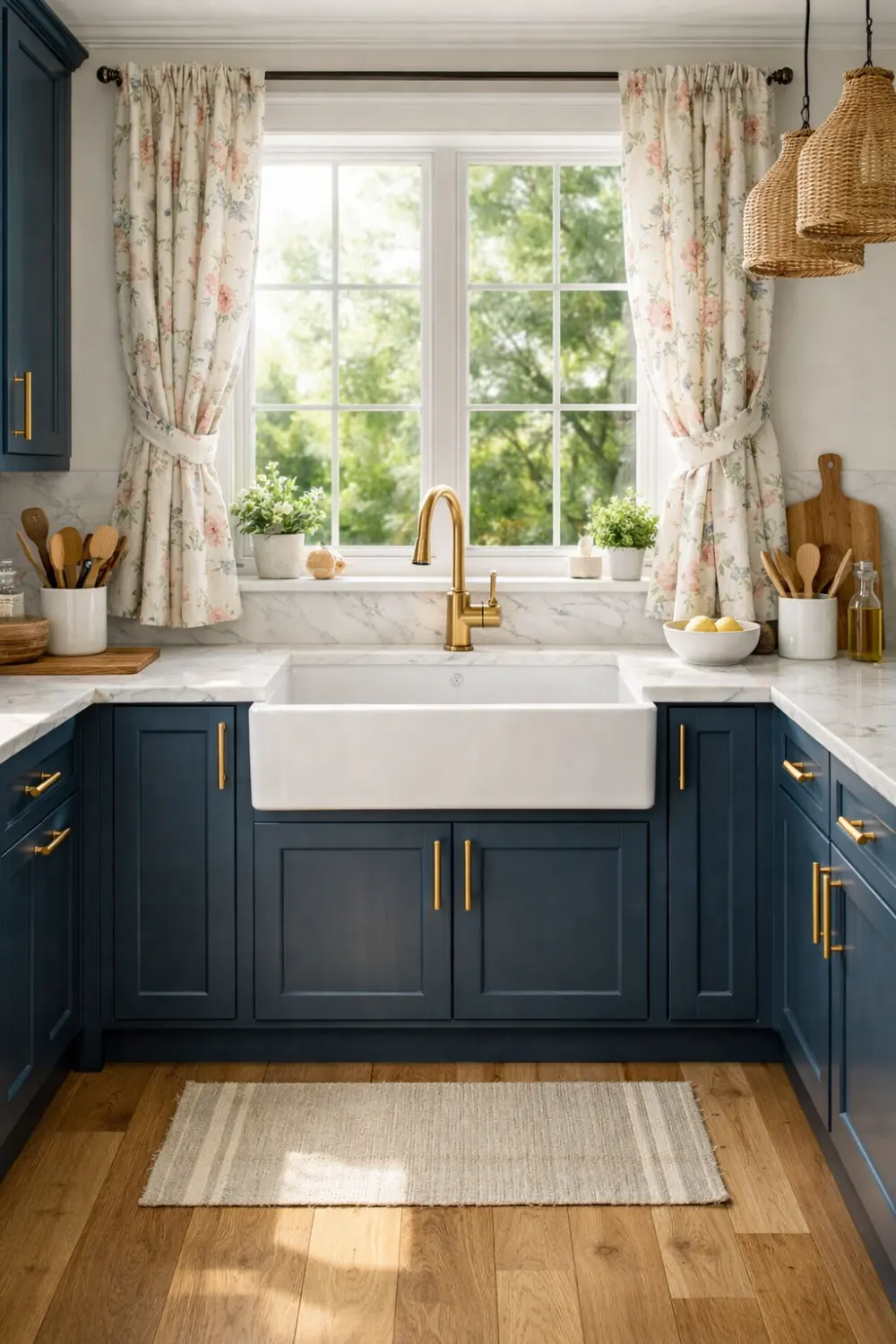 Modern cottage kitchen with floral curtains, farmhouse sink, blue cabinets, marble countertops, and brass faucet.