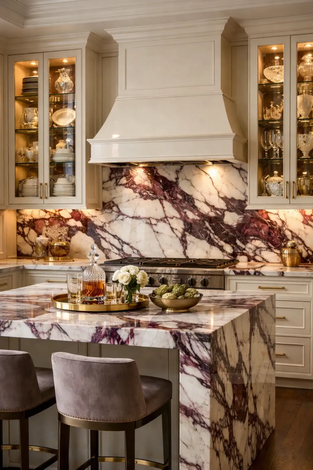 classic kitchen with Viola marble backsplash, glass cabinets, gold accents, and elegant luxury interior design