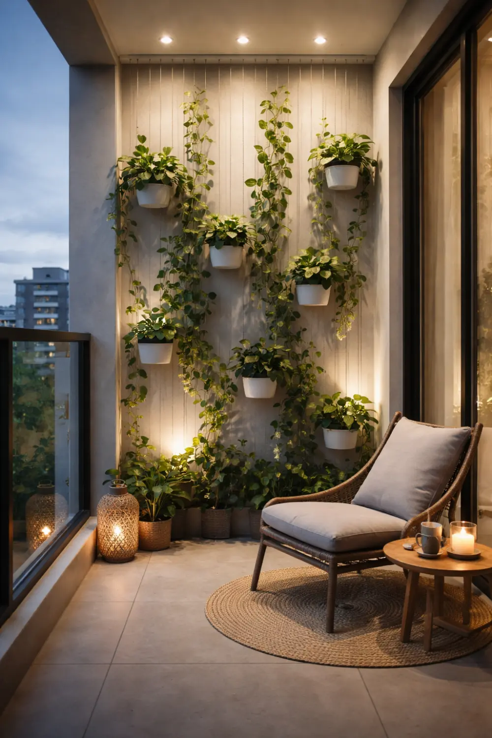 Cable system vertical garden with climbing plants growing along vertical wires on a modern balcony wall.