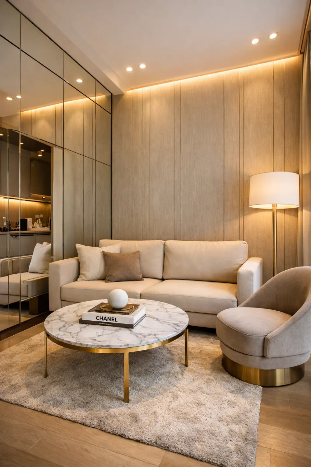 Small living room with mirror wall, marble coffee table, beige sofa, and modern accent chair creating a spacious luxury apartment living room design.