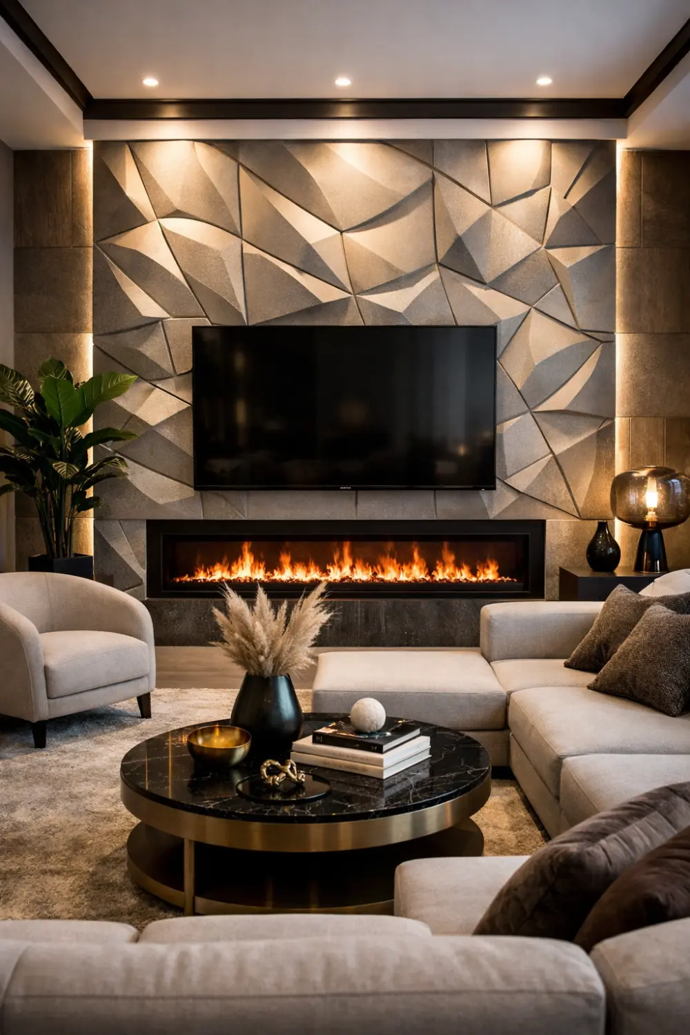 3D textured wall panels with electric fireplace and TV above creating stylish modern media wall.