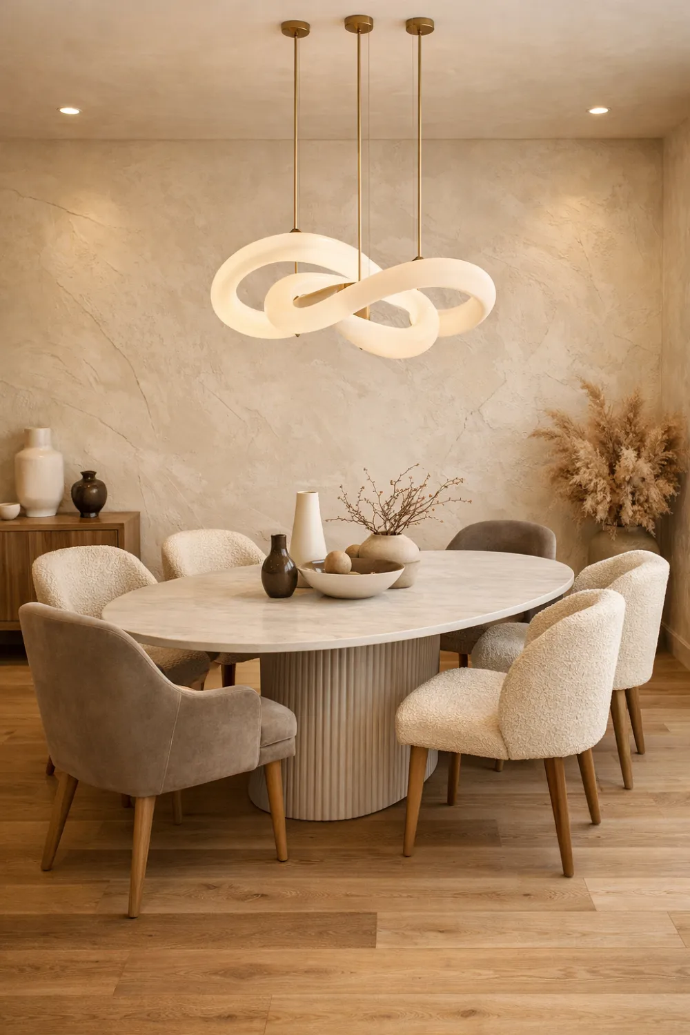 neutral textured dining room with round stone table soft upholstered chairs sculptural pendant light and warm wood flooring