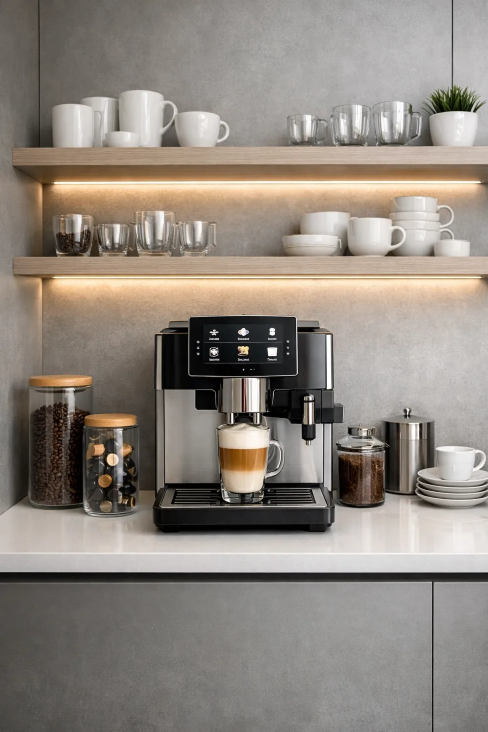 modern coffee bar with led shelf lighting smart espresso machine stylish kitchen coffee station