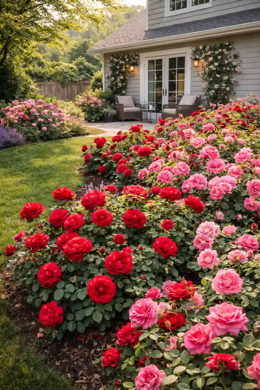 Backyard flower beds filled with red and pink roses blooming along curved garden borders near a cozy patio.