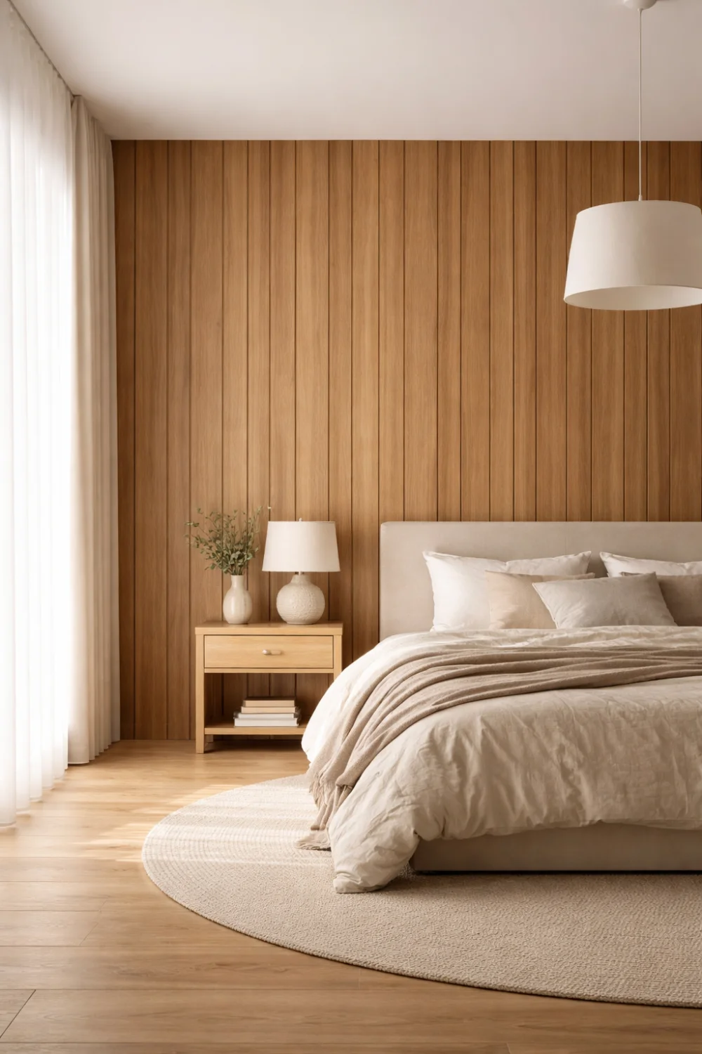 Minimal bedroom interior with vertical wood panel wall behind the bed, warm natural wood panels creating tall lines and elegant texture with neutral bedding and soft natural light.