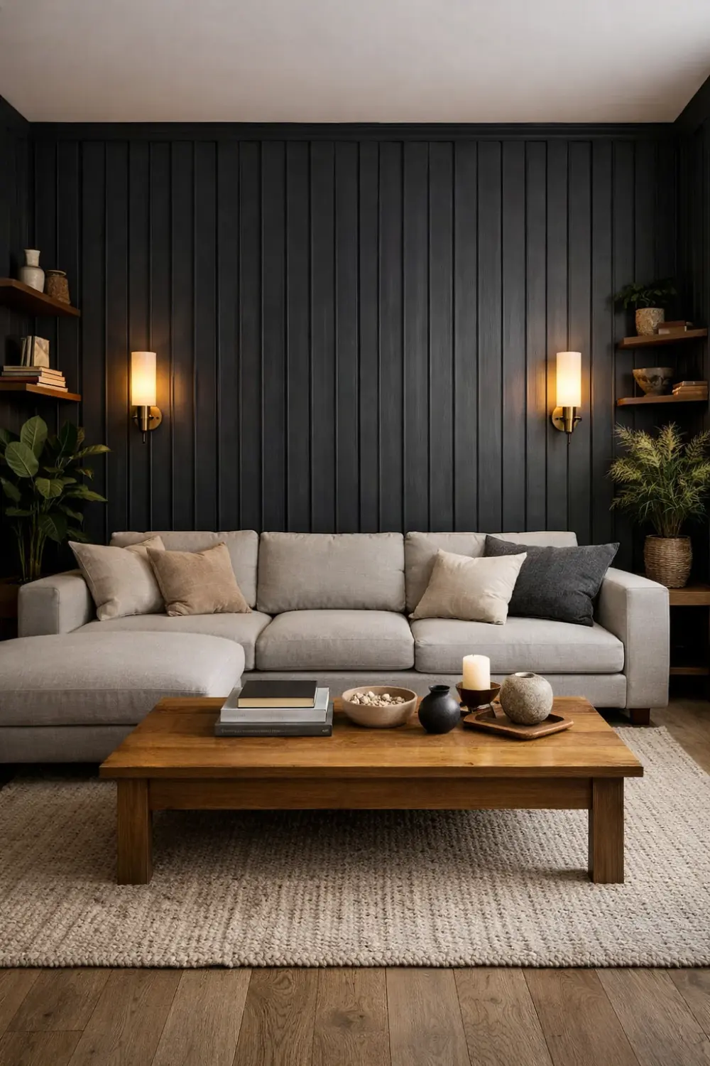 black wall panel living room modern dark interior design vertical panel wall decor cozy contemporary living room idea
