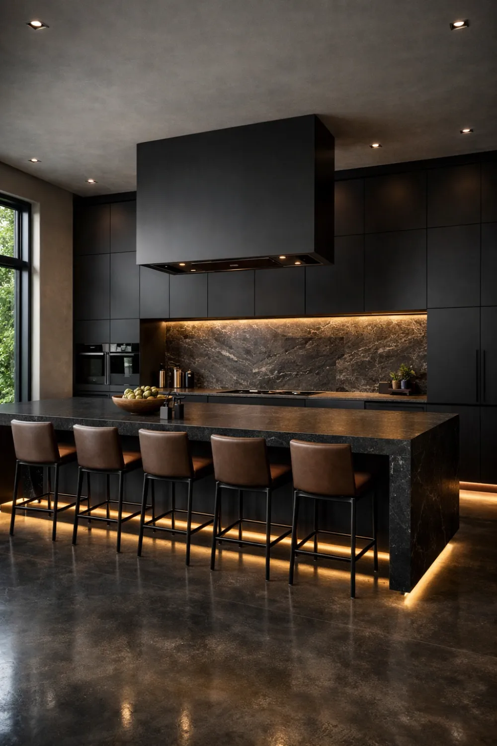 Ultra modern dark kitchen with oversized island, matte black cabinets, warm LED lighting, and contemporary interior design.