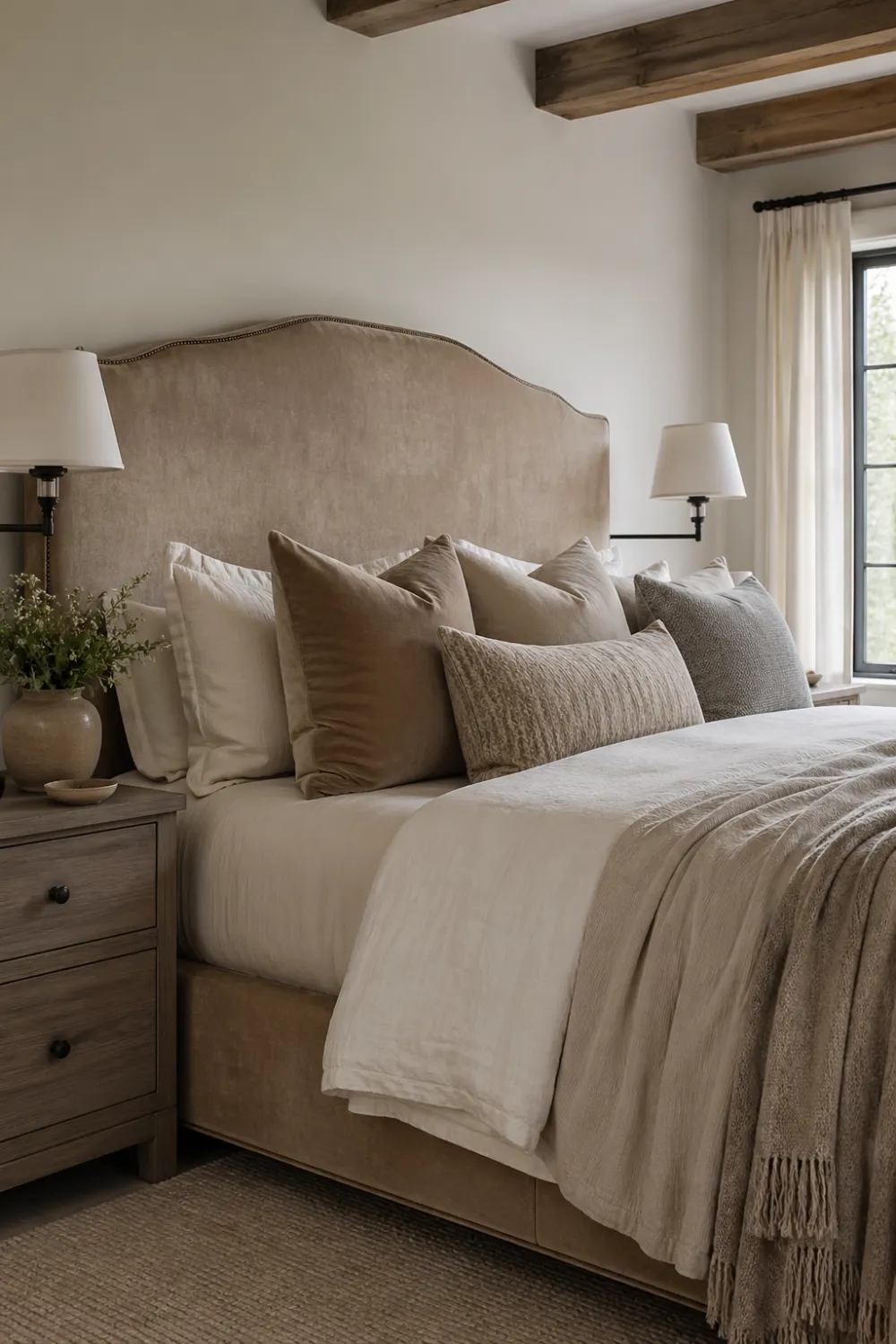 modern farmhouse bedroom with upholstered headboard, layered pillows, neutral bedding, wooden nightstand, soft lighting, textured throws, warm tones, cozy luxury interior design