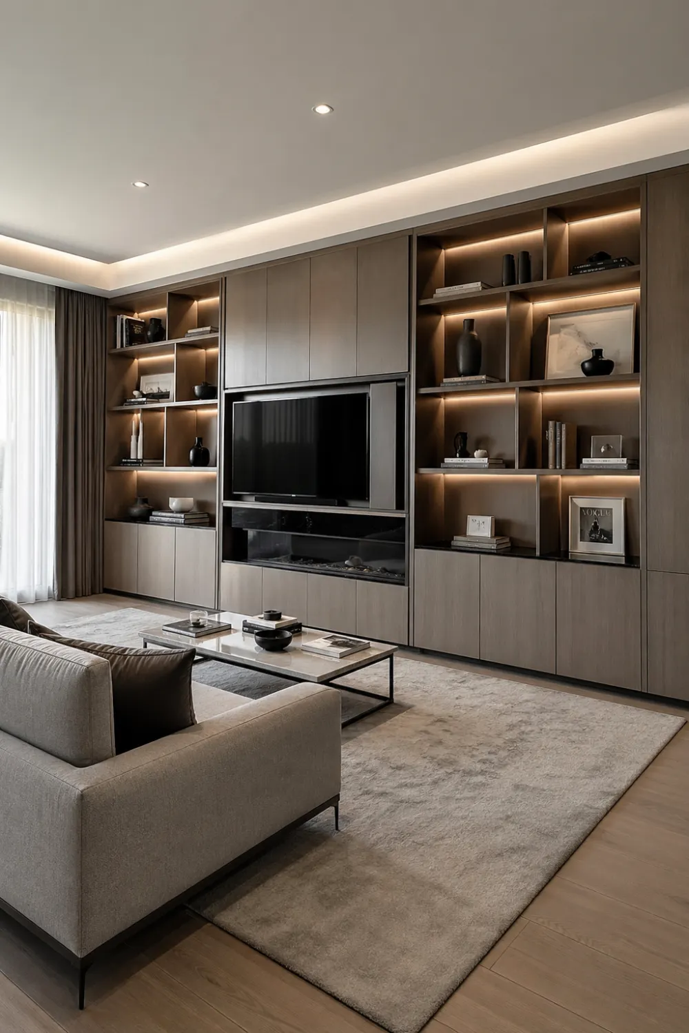 modern living room with layered lighting, recessed ceiling lights, illuminated shelves, neutral decor, warm ambiance, contemporary interior design