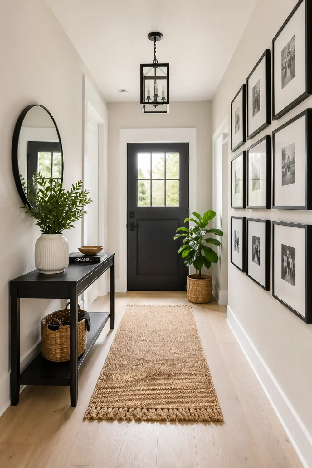 small entrance hall with indoor plant decor, narrow hallway styling with greenery, modern entryway design with natural elements, bright and fresh small space look
