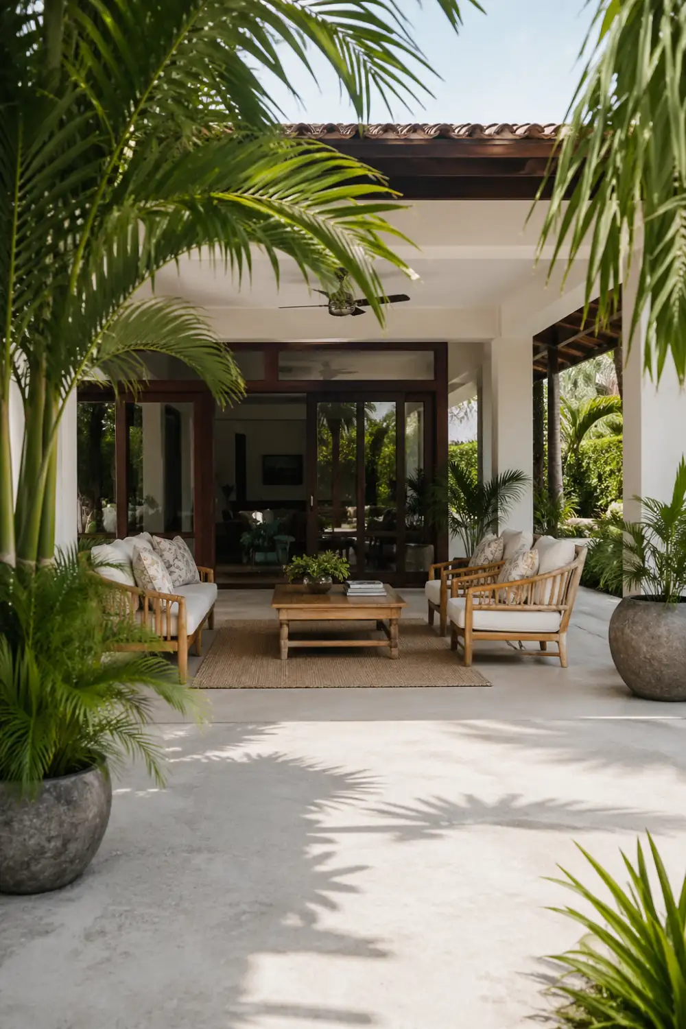 tropical patio with palm plants, light wood furniture, neutral cushions, lush greenery surrounding seating area, concrete patio floor, resort style outdoor setup