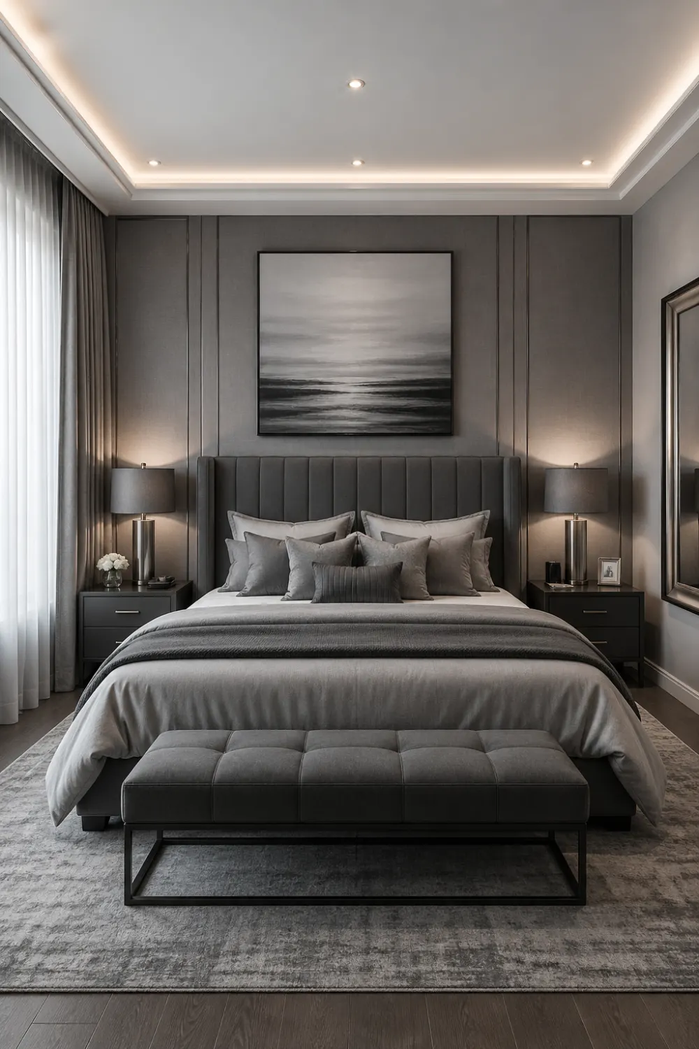 monochrome grey luxury bedroom, layered grey tones in bedding and walls, upholstered bed, symmetrical lamps, textured rug, soft ambient lighting, modern minimalist interior, calm and elegant bedroom design, balanced and clean setup