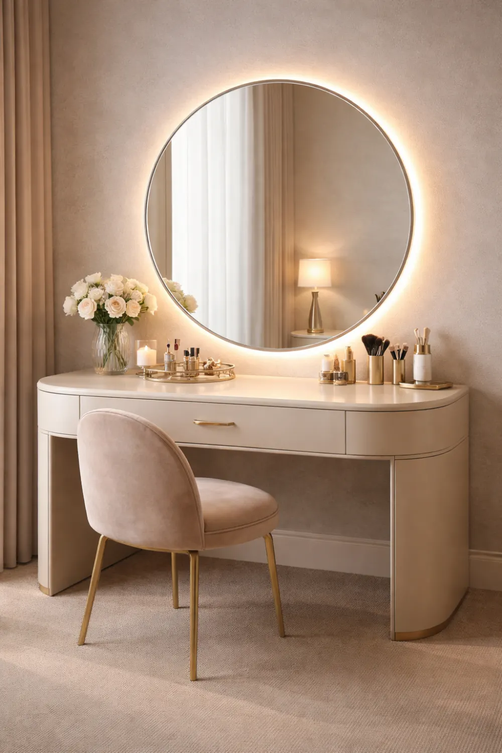 curved vanity table with round mirror and elegant makeup setup decor