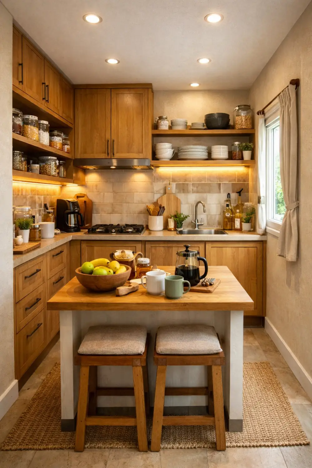 Small warm wood kitchen with open shelves, compact layout, cozy decor, smart storage and natural light modern kitchen design