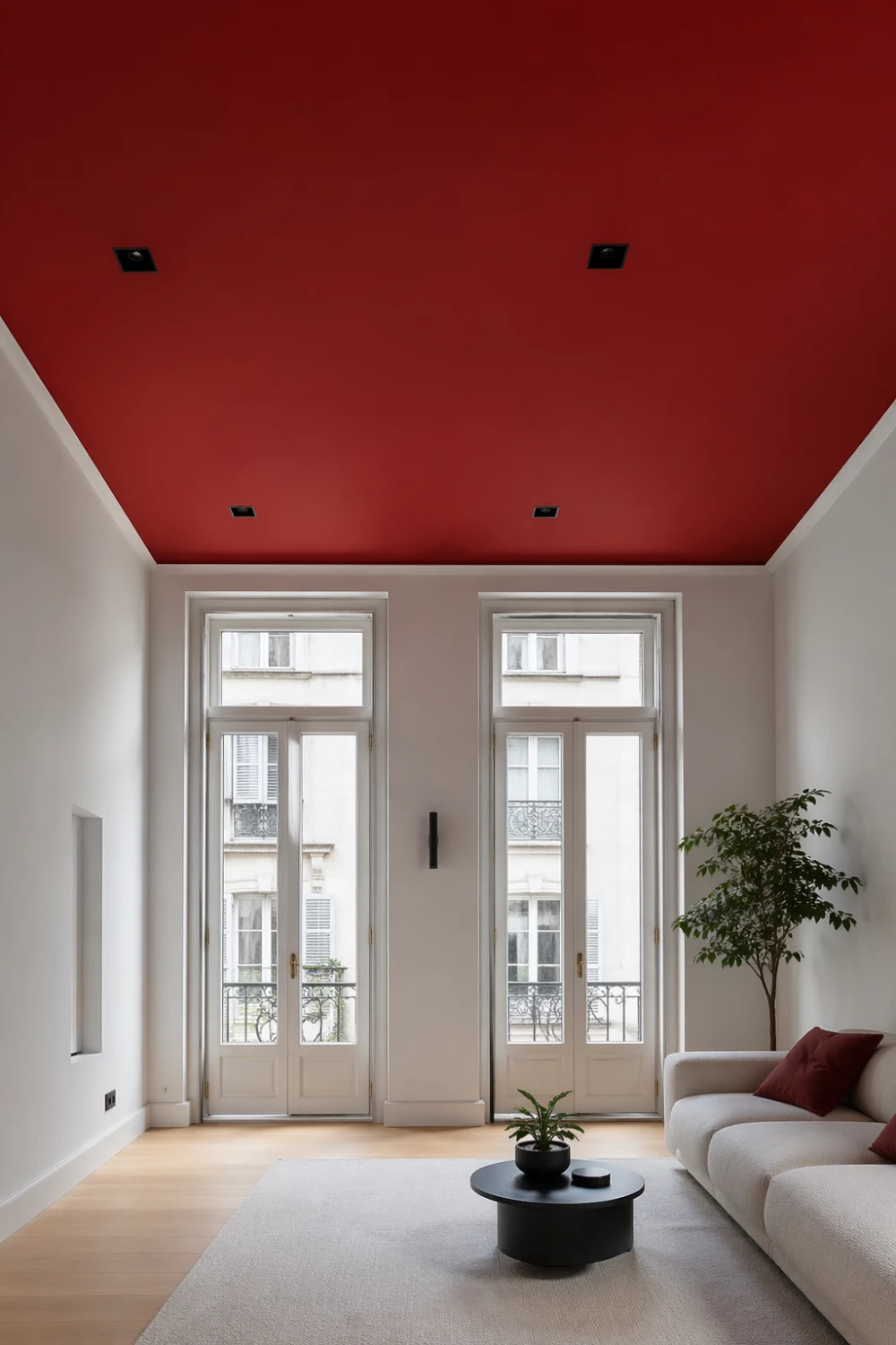 cherry red ceiling modern living room white walls minimal furniture natural light bold ceiling design contemporary interior