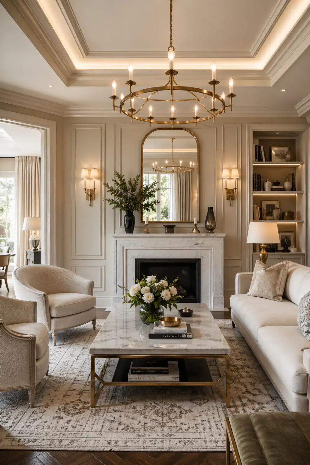 Luxury French country living room with chandelier, marble table, panel molding, neutral sofa and elegant decor