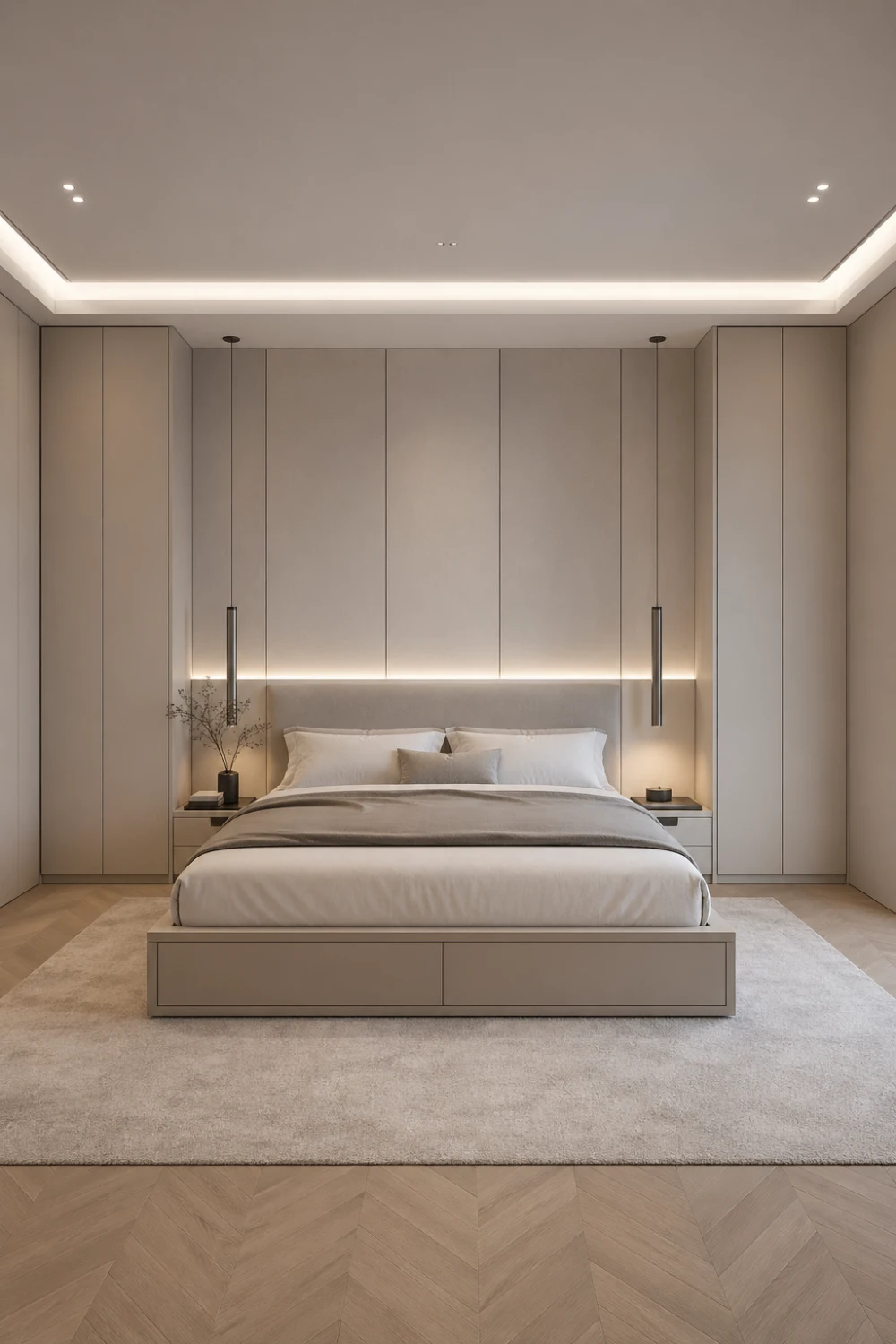 minimal modern bedroom aesthetic with built in storage, clean wall panels, neutral tones, soft lighting, luxury minimal bedroom decor inspiration
