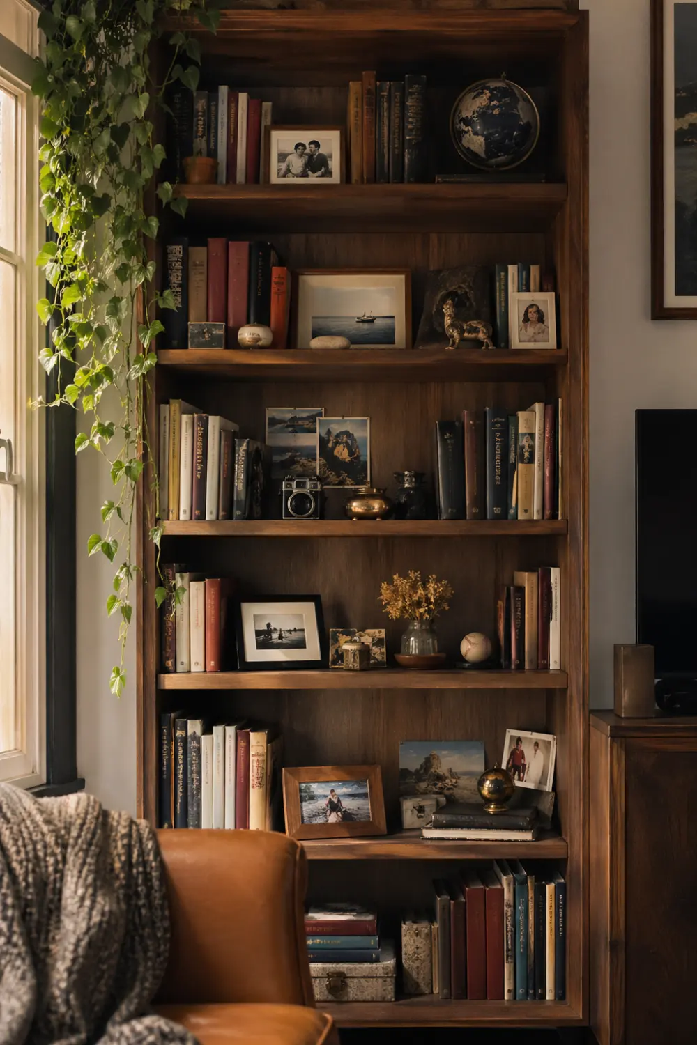 personal bookshelf styling with framed photos, travel souvenirs, books, warm lighting, cozy lived-in shelf decor, storytelling bookshelf design with vintage touches