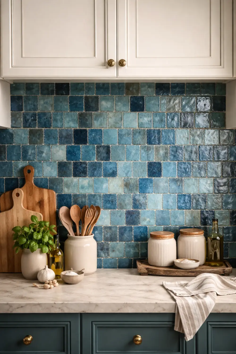 mixed blue zellige tile kitchen backsplash with marble countertop and decor