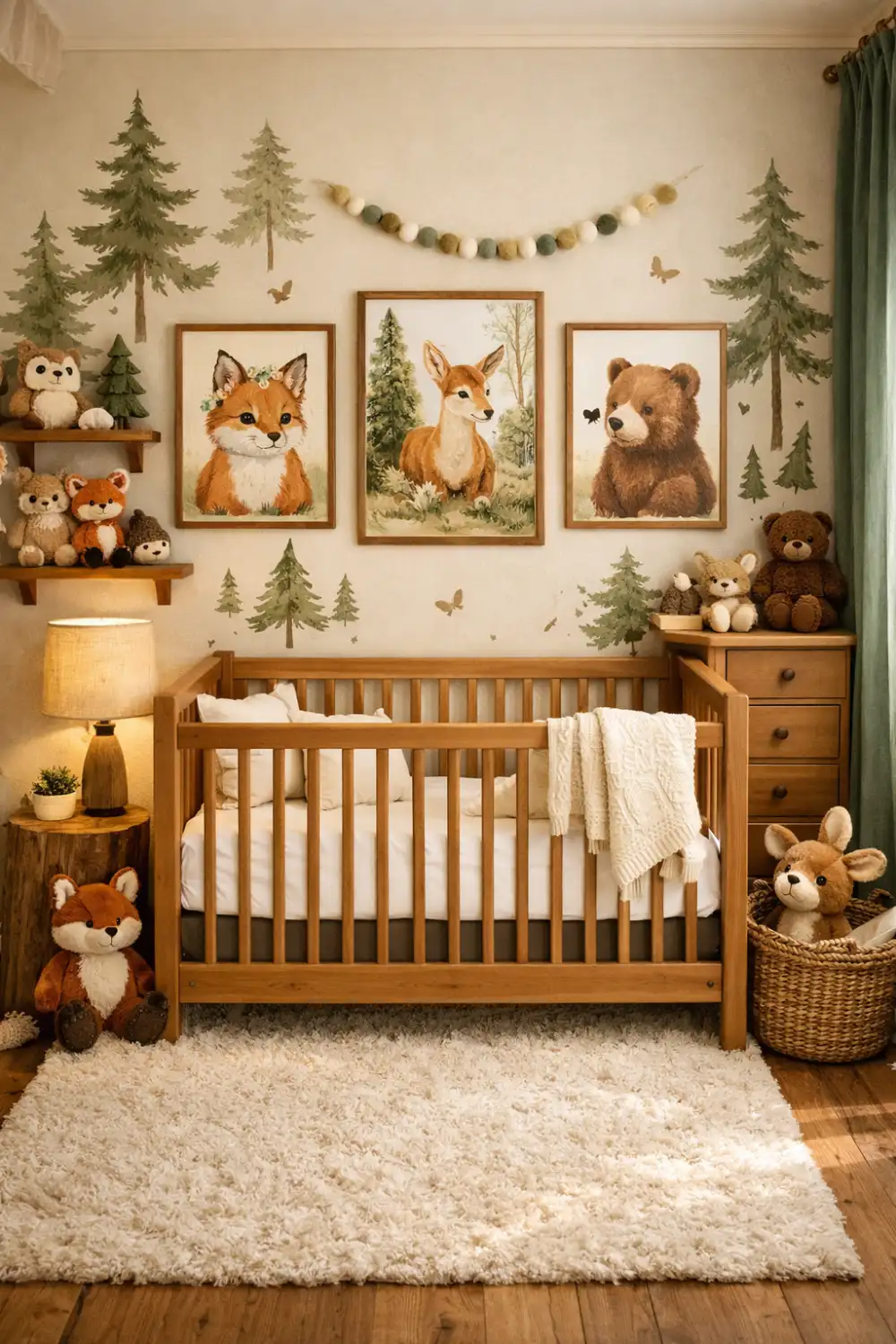 Woodland animal nursery decor with fox deer and bear wall art, forest themed decorations, wooden crib, and plush woodland toys.