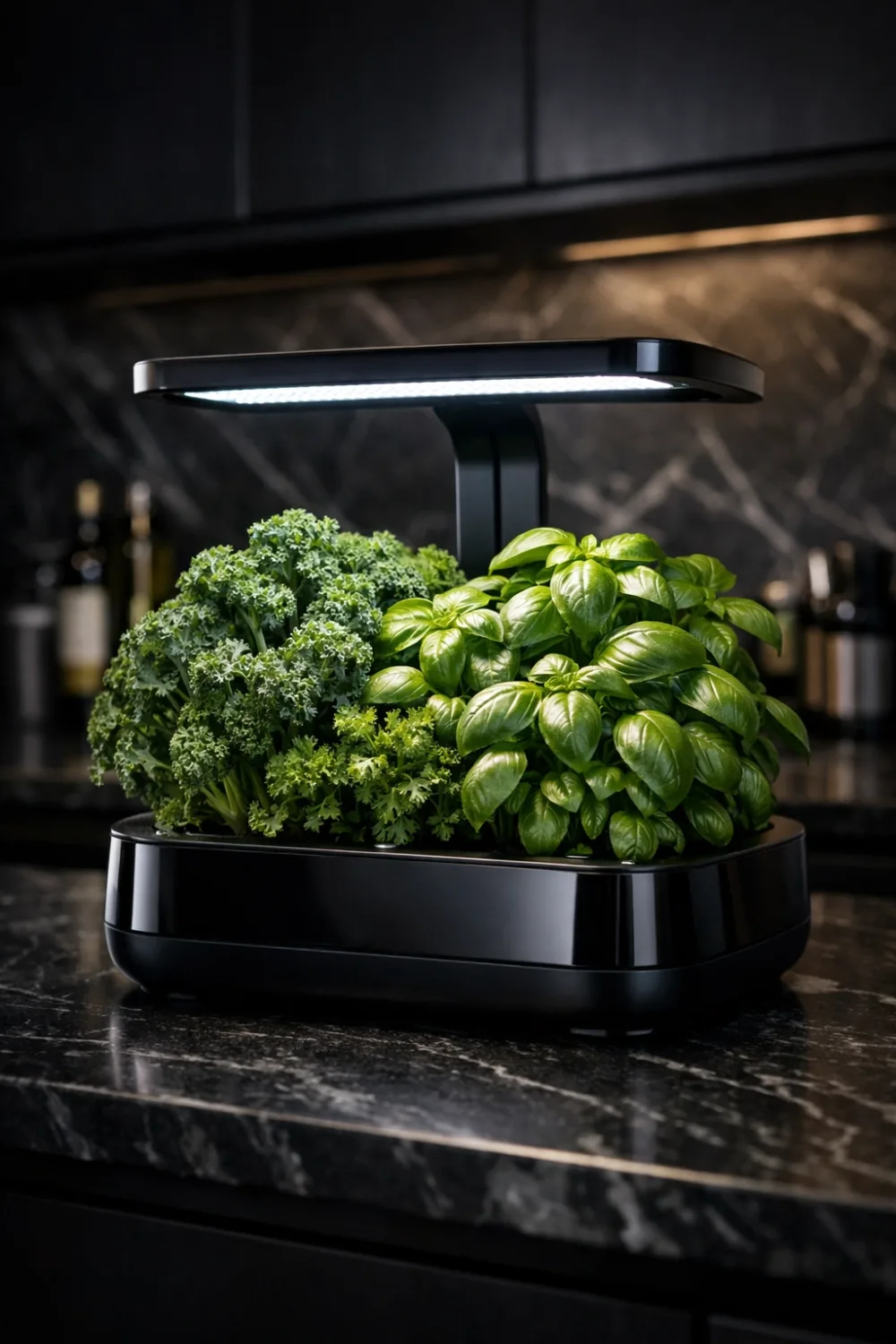 Modern indoor smart herb garden with LED grow light growing basil parsley and kale on sleek kitchen counter, high tech indoor herb gardening system