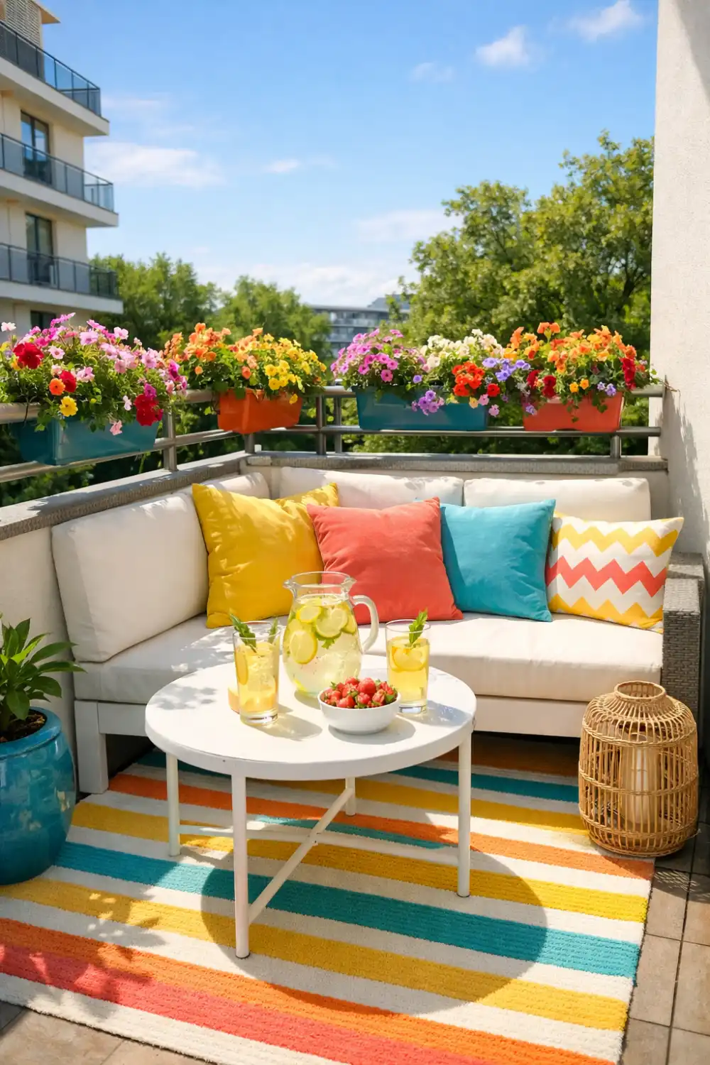 colorful summer balcony decor with bright cushions flower boxes small apartment balcony outdoor seating inspiration