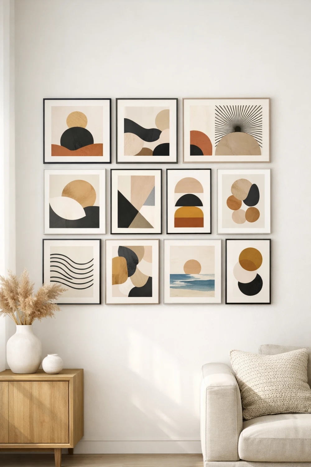 Large square grid gallery wall with multiple abstract prints arranged in a bold structured layout above a modern sofa