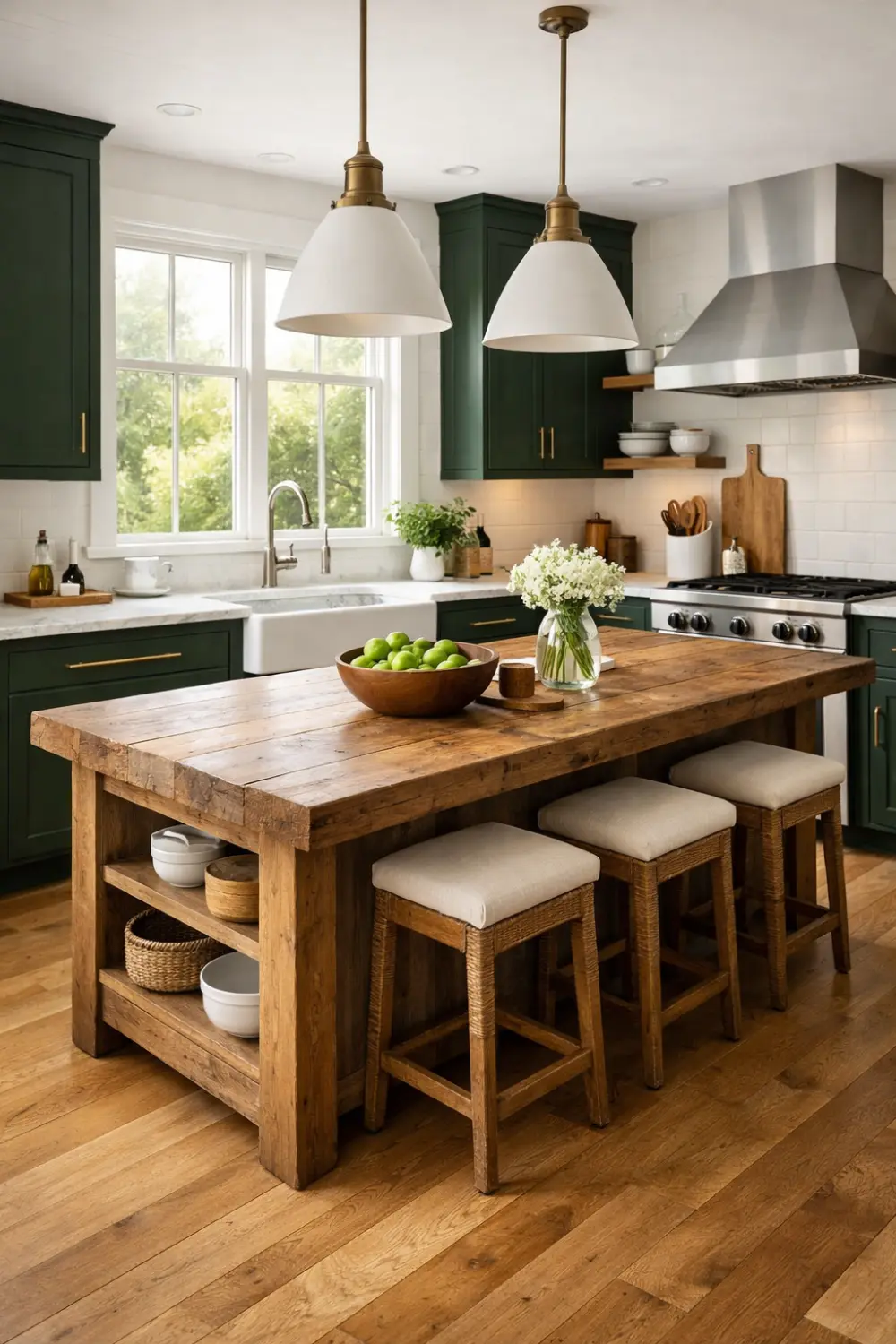 Modern cottage kitchen with rustic wooden island, green cabinets, marble countertops, and wooden flooring.