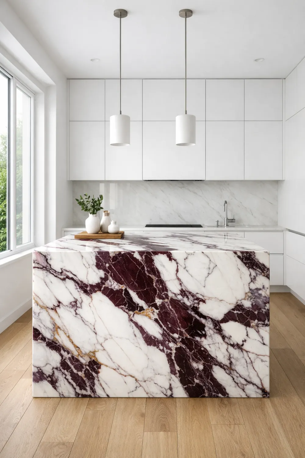 minimal white kitchen with Viola marble island, modern lighting, clean design, and luxury interior styling