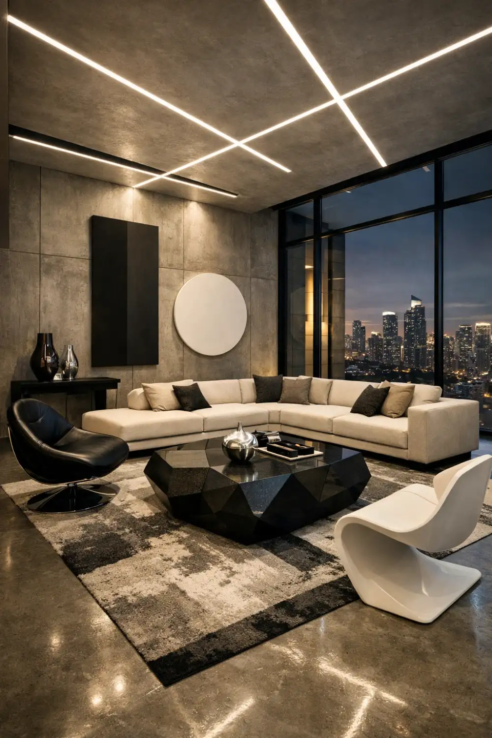 ultra modern living room city view geometric table luxury interior design