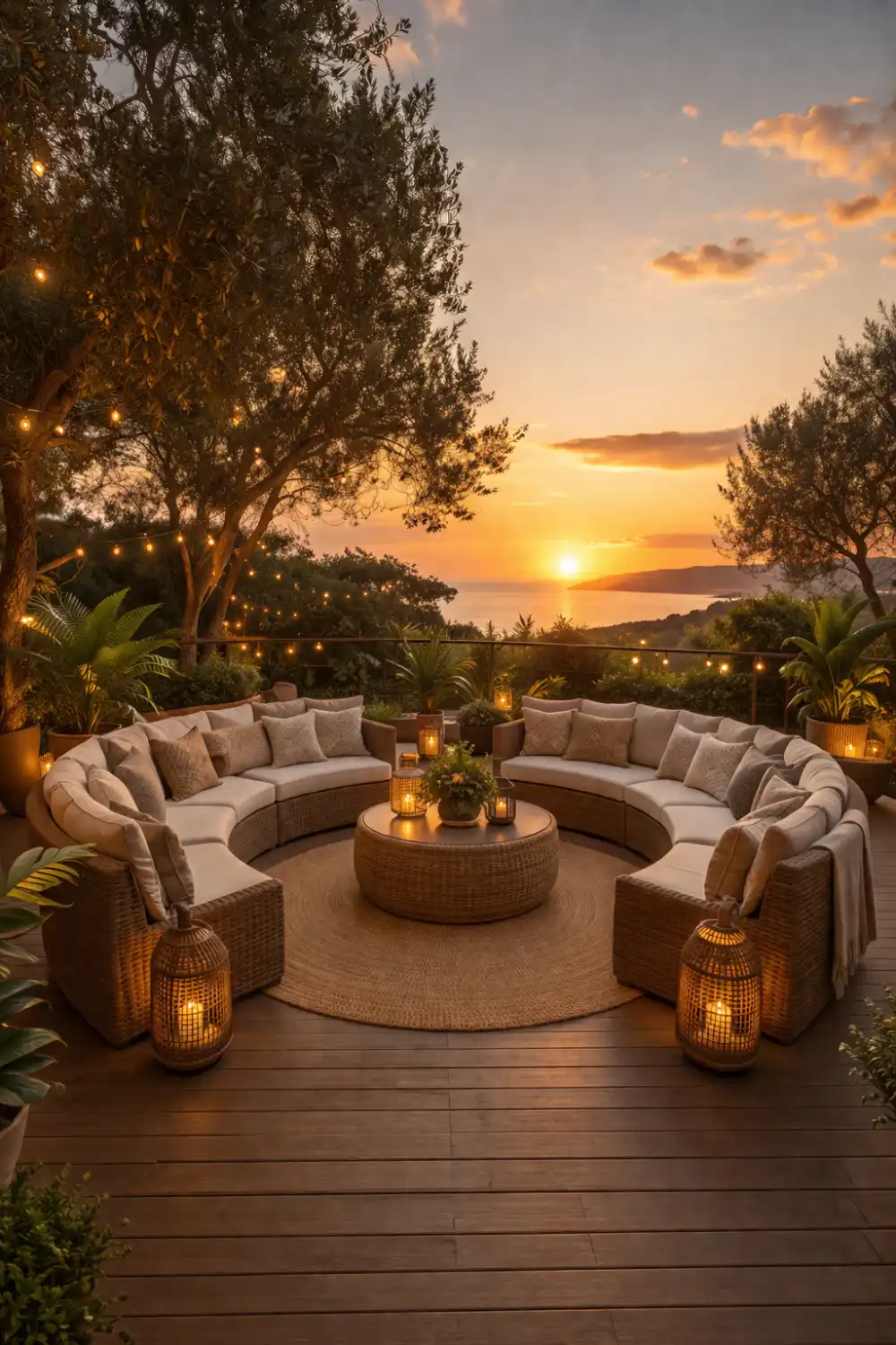 curved outdoor sofa seating with lights and cozy patio sunset setup