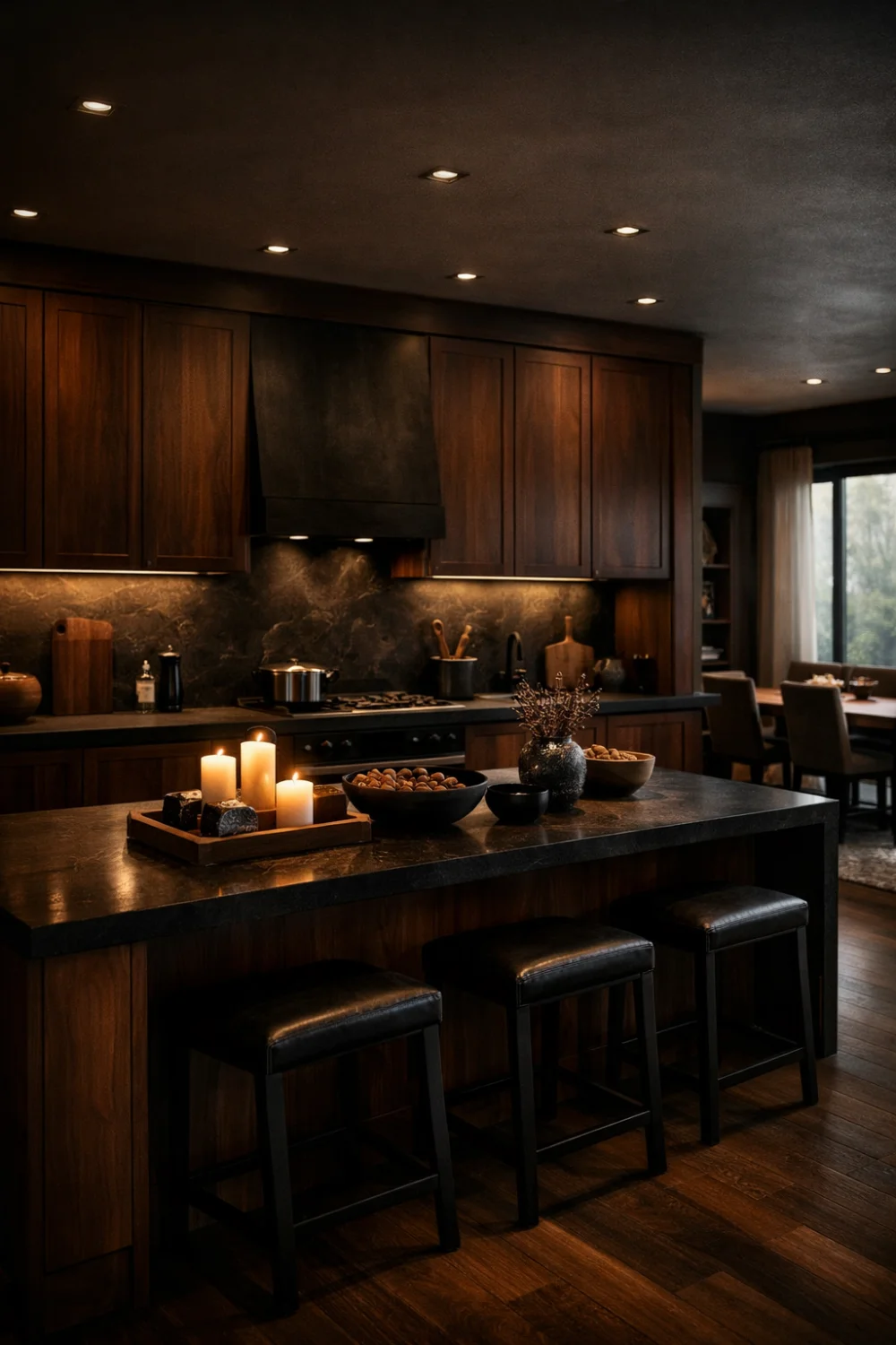 Dark wood kitchen with moody lighting, modern cozy kitchen design, candles, rich tones and elegant interior styling