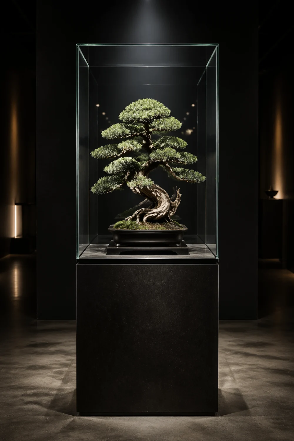 bonsai plant in glass display box modern decor luxury interior plant sculpture