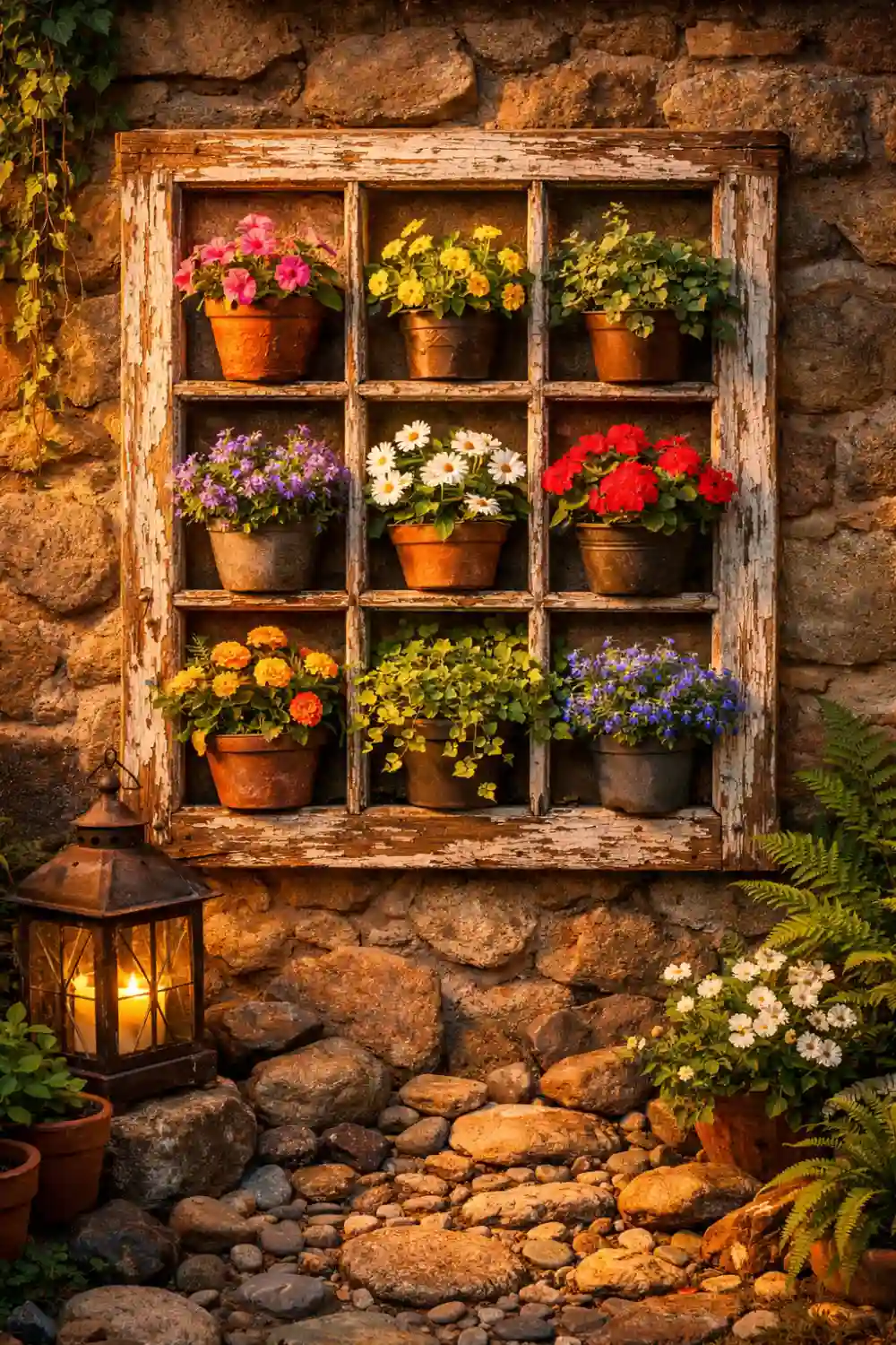 Vintage window frame vertical garden holding colorful flower pots mounted on a rustic stone wall.