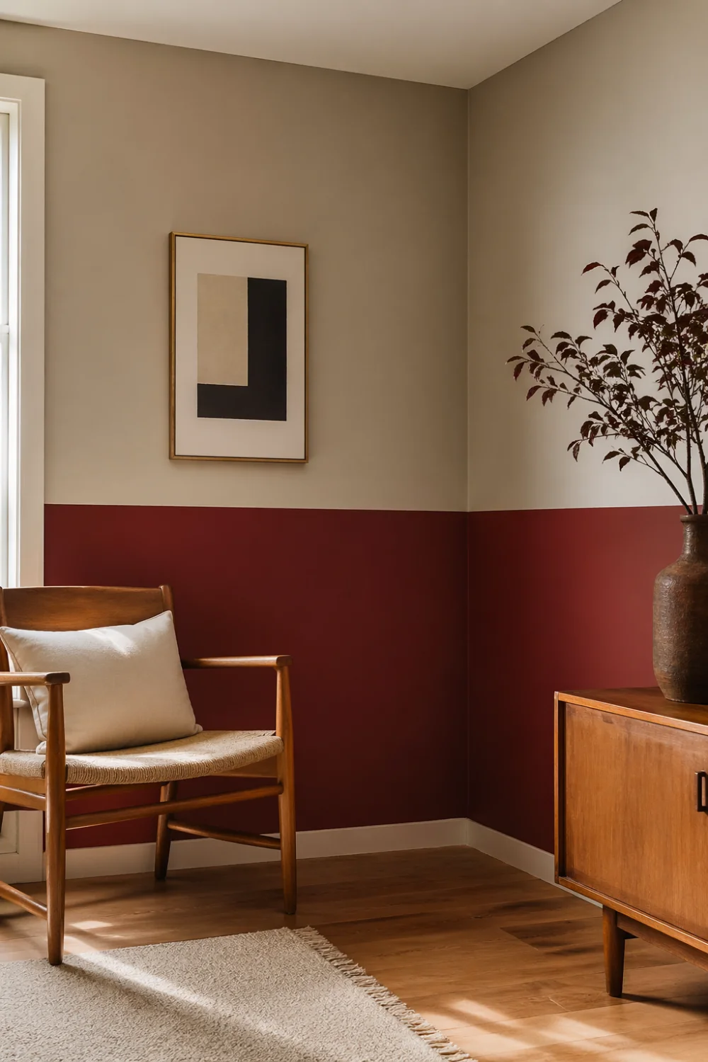 two tone cherry red wall beige upper half wooden furniture cozy modern interior balanced minimal design
