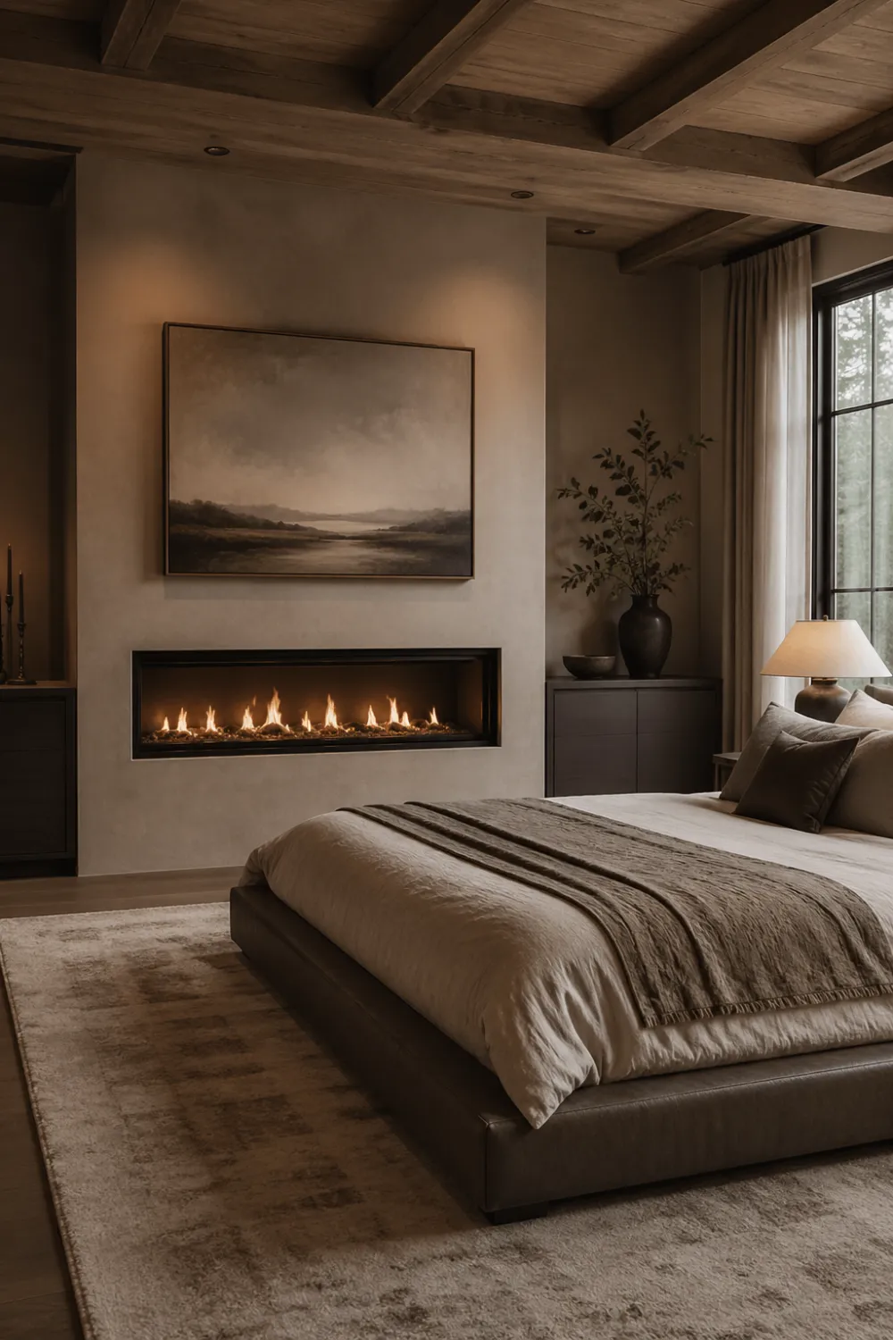 modern farmhouse bedroom with sleek built in fireplace, neutral bedding, warm lighting, wooden ceiling beams, minimalist decor, cozy modern interior, framed wall art above fireplace