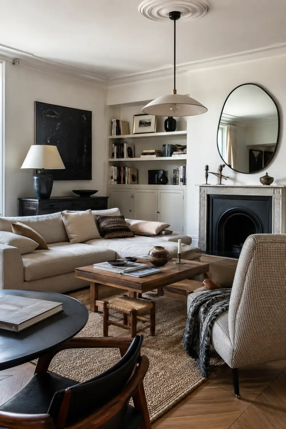 modern eclectic living room with neutral tones, mixed furniture styles, cozy textures, fireplace, soft lighting, balanced interior design