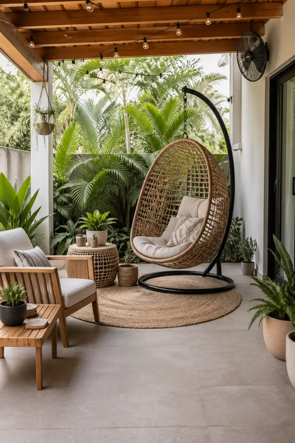 patio with hanging egg chair, round rug, wooden furniture, potted plants, cozy corner setup, covered outdoor space with greenery, relaxing seating area on concrete floor