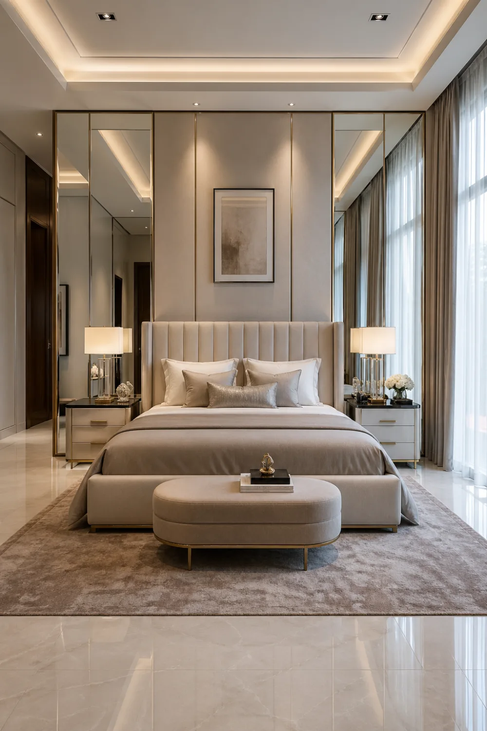 mirror panel luxury bedroom design, reflective wall panels with gold trims, neutral tones, upholstered bed, symmetrical layout, warm lighting, modern elegant bedroom, spacious feel, clean and polished interior, premium decor styling