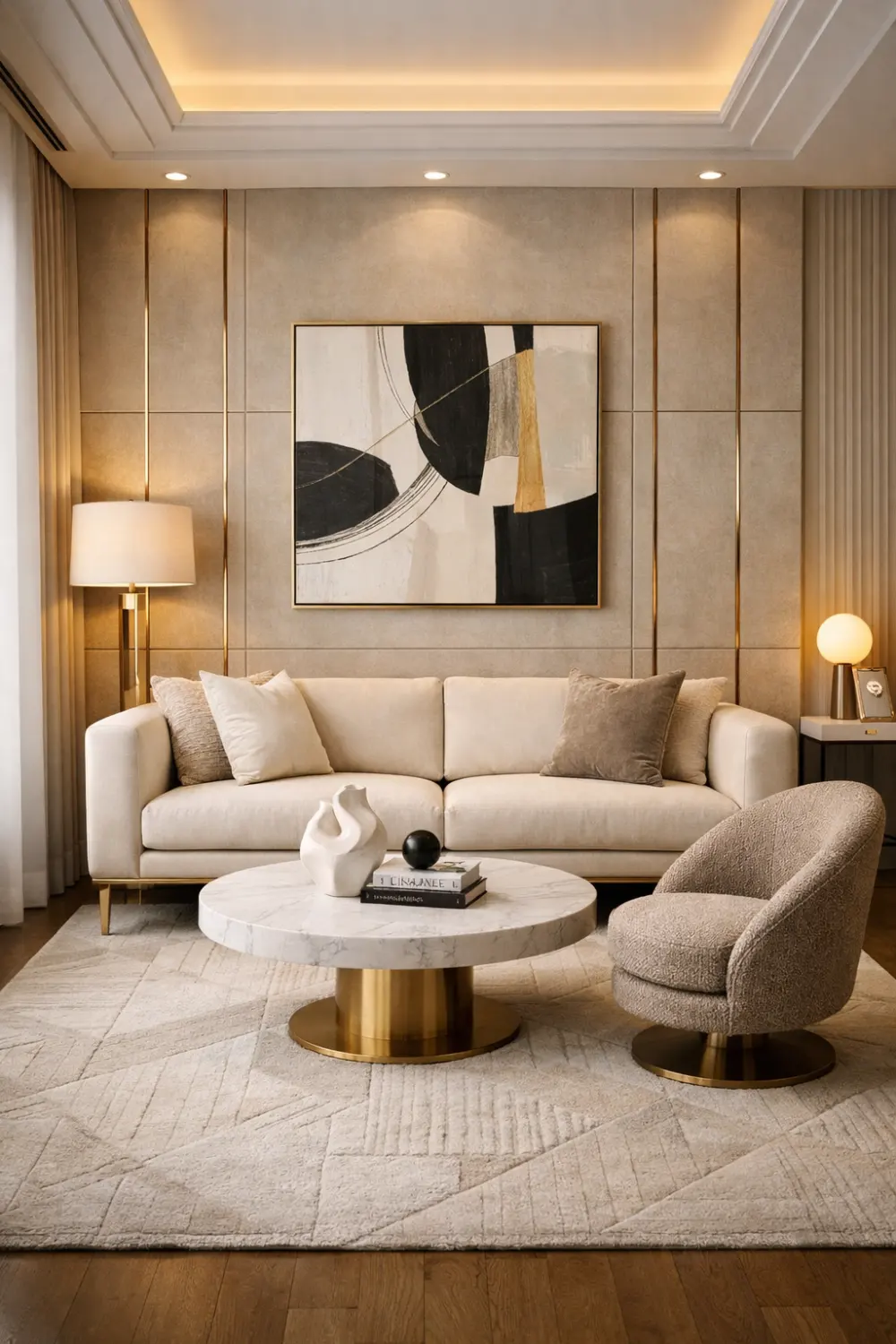 Luxury small living room with gold accent coffee table, modern sofa, designer wall panels, and elegant decor creating a stylish modern apartment interior.