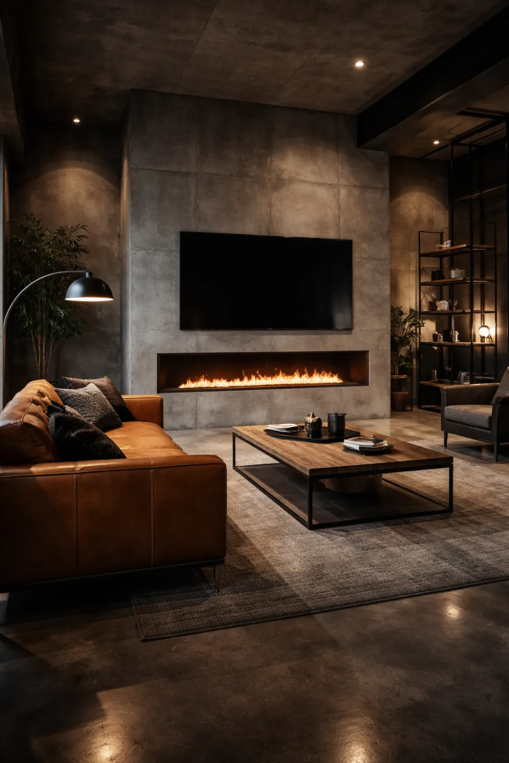 Industrial concrete fireplace wall with electric fireplace and TV above modern loft living room.